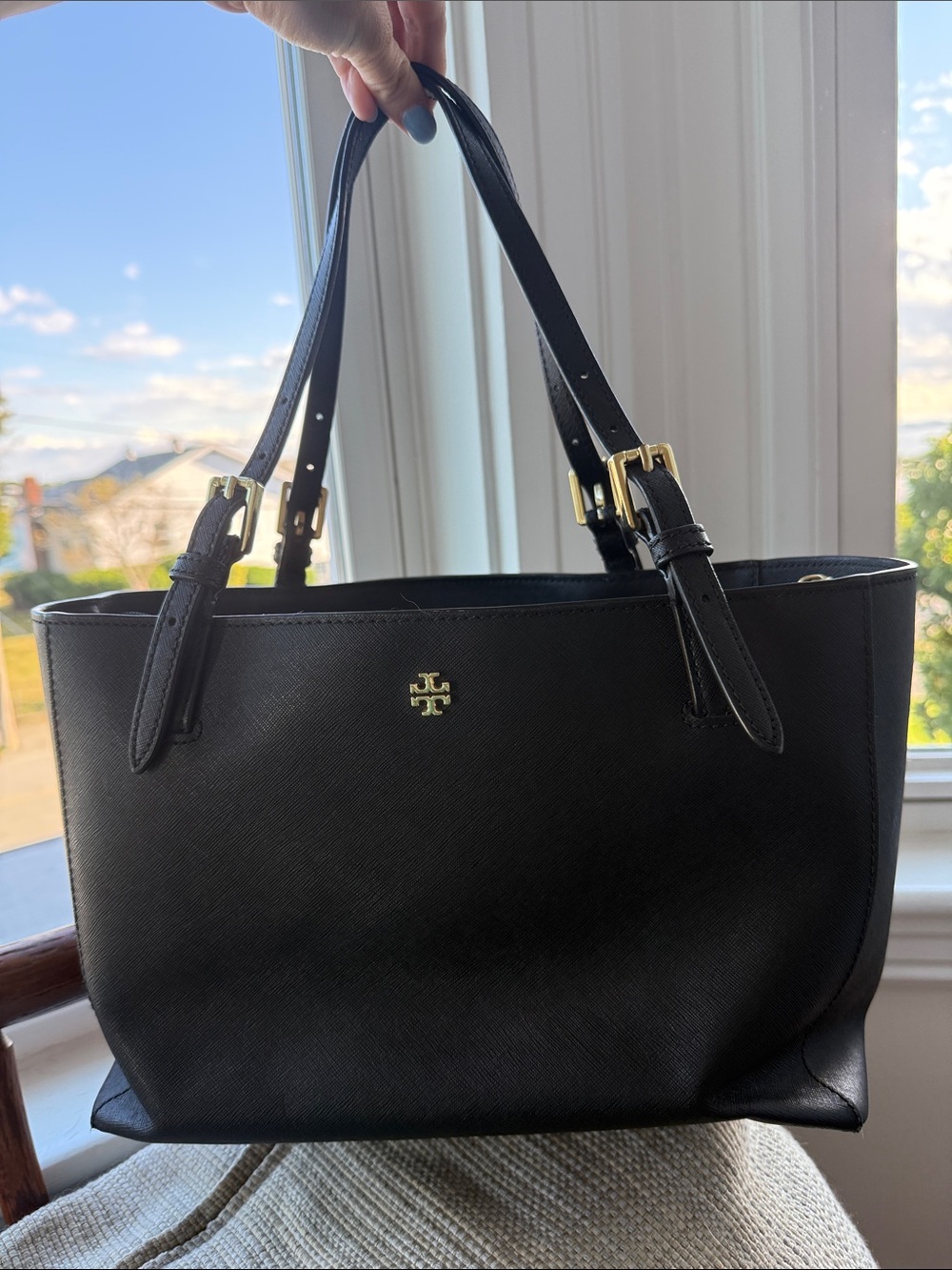 Tory Burch Black Leather Double-Handle Tote with Gold Logo